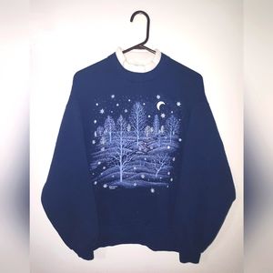Vintage 90s Grandma Crewneck Snowy Trees Nighttime Snowflakes Sweatshirt Size L